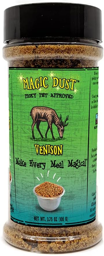 Wild Meadow Farms - Magic Dust Venison Jerky Topper, Single Protein Pet Food Topper for Dogs & Cats, Enhance Flavor & Elevate Mealtime Excitement for Picky Eaters - 3.5 Ounce Bottle in Venison Flavor