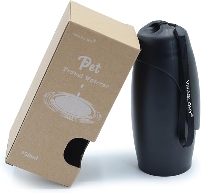 VIVAGLORY Dog Water Bottle, Pet Drinking Bottle, 25oz Portable & Leakproof Stainless Steel Dog Travel Water Bottle Bowl with Large Trough for Walking & Hiking, Classic Black