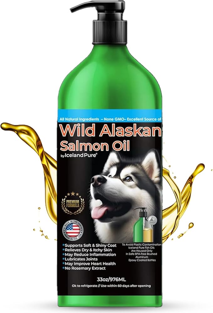 Wild Alaskan Salmon Oil for Dogs and Cats by Iceland Pure | 1,043 mg of Omega-3 per Teaspoon | Salmon Oil & Pollock Blend | BPA-Free Brushed Aluminum Epoxy Coated Bottle with Pump - 33 oz