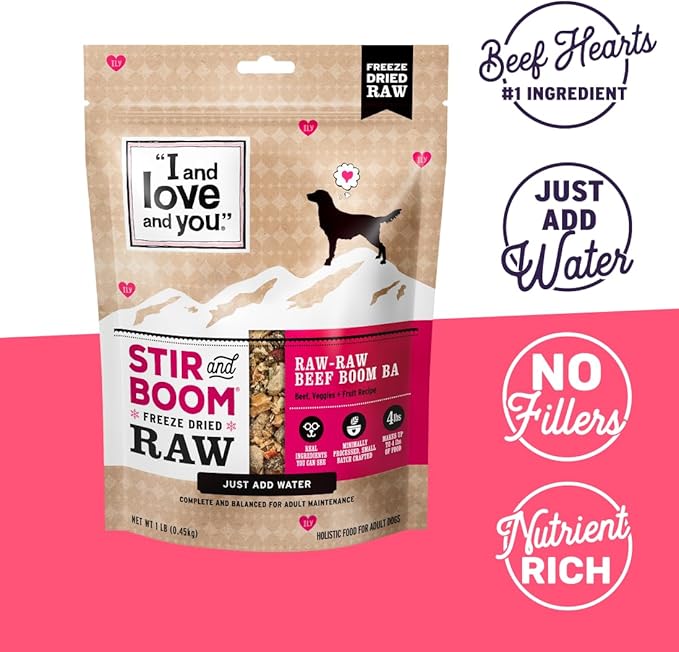 I AND LOVE AND YOU Stir and Boom Dehydrated Freeze Dried Raw Dog Food - Beef - Grain Free, Real Meat, No Fillers, 1lb Bag