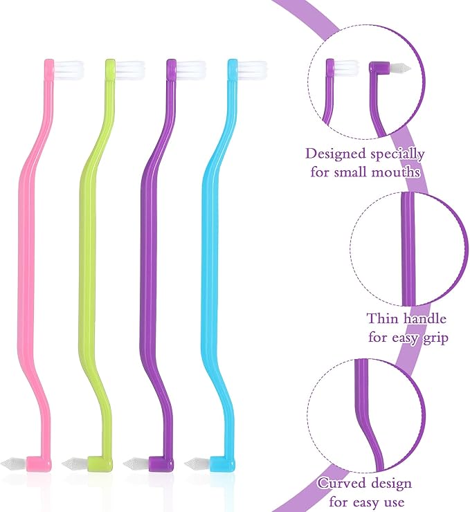 4 Pack Dual Sided Cat Dog Toothbrush, Kitten Puppy Toothbrush Pet Teeth Cleaning Brush with Micro Brush Head Anti Slip Curved Handle Eliminates Bad Breath Reduces Plaque Tartar Formation