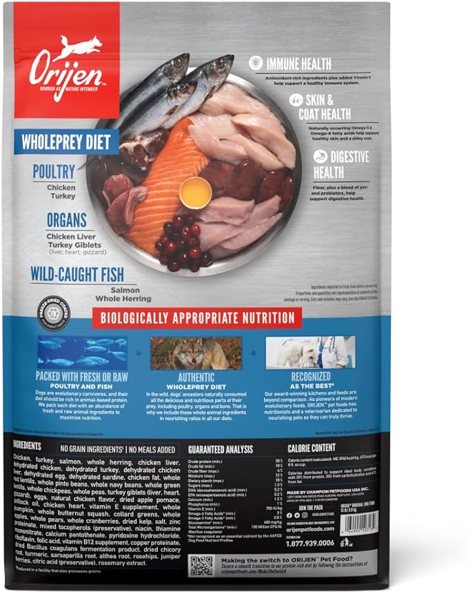 ORIJEN Original Dry Dog Food, Grain Free Dog Food for All Life Stages, Fresh or Raw Ingredients, 13 lb