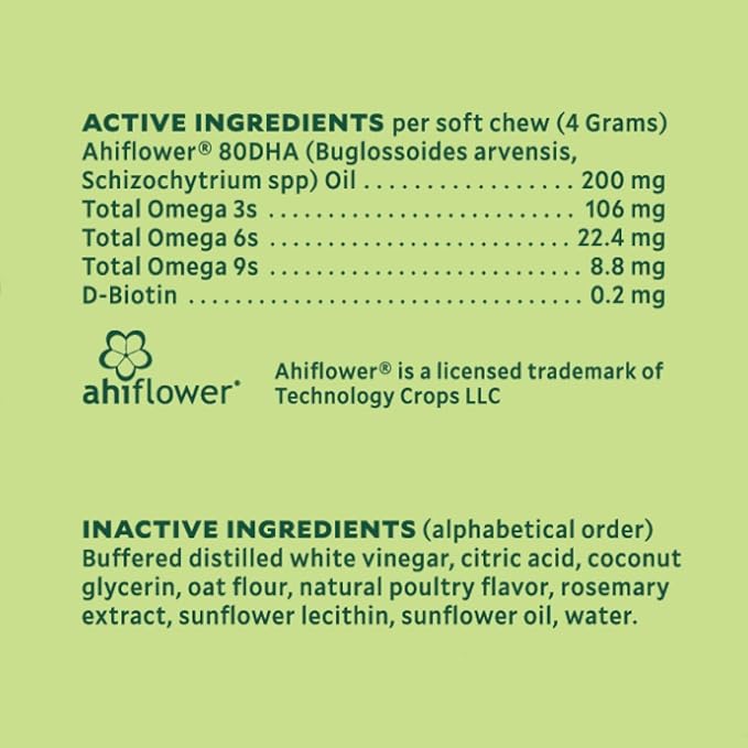 Ahiflower Omega Oil Dog Chews - Vet-Formulated Skin, Coat, Hip and Joint Chews for Dogs - Plant-Based Omega 3, 6 and 9 Supplement - Natural Chicken-Flavored Dog Omega Oil Bites, 60 Soft Chews