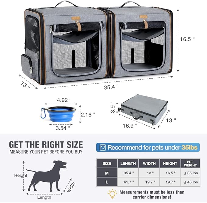 Lekereise 2-in-1 Cat, Dog Carrier for Small Medium Large Pets up to 35 Lbs, (17.7"*2)*16.5"*13" Car Travel Carrier with Litter Box, Bowl, and Locking Zipper - Dark Gray