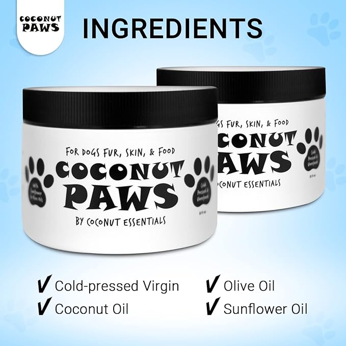 Coconut Paws, Organic Dog Essentials, with Coconut Oil, Olive Oil and Sunflower Oil, for Dog’s Skin, Hair, Ears, Teeth, and Nails, Dog Paw Balm and Nose Balm, 8 fl oz