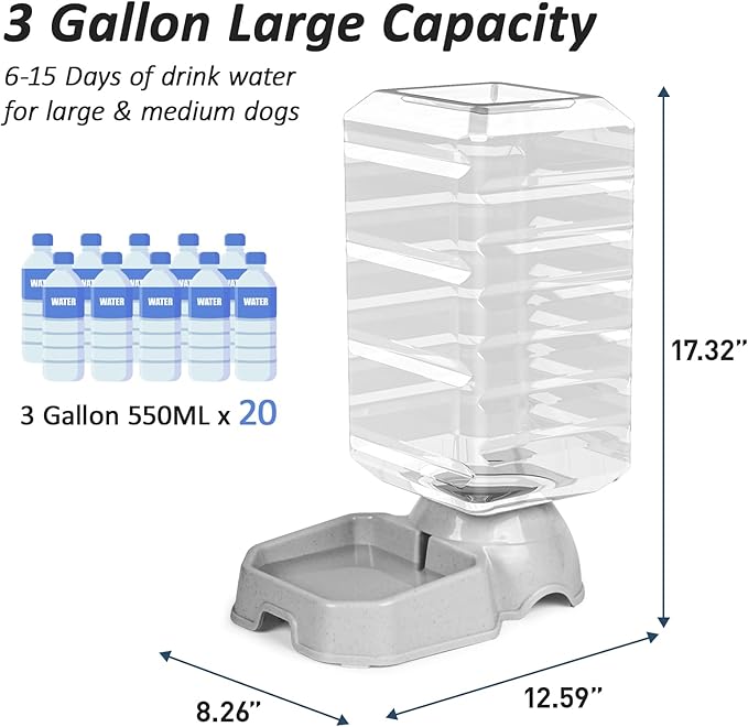 Large Dog Water Bowl Dispenser, 3 Gallon Automatic Gravity Cat Waterer, Self-Filling Large Capacity Pet Water Dispenser Station, 100% BPA-Free, Transparency, Safe and Unplugged for Pet Dogs and Cats