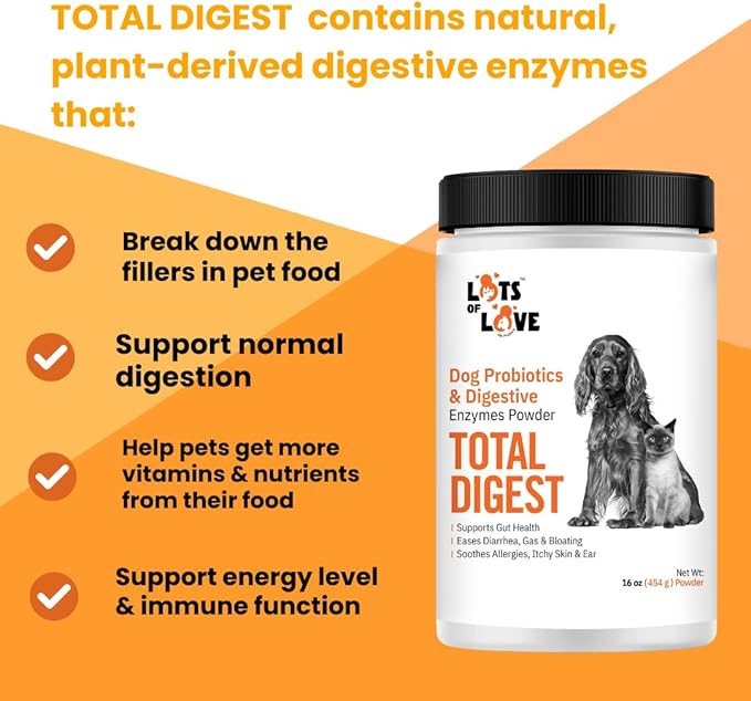 Lots of Love Total Digest - 16 0z Digestive Enzymes and Dog Probiotics Supplement - Probiotics for Dogs & Cats, Dog Gut Health Support, Immunity Support & Gas Relief
