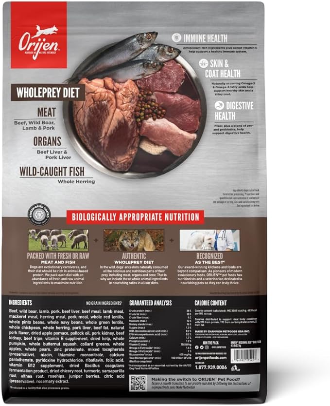 ORIJEN REGIONAL RED Dry Dog Food, Grain Free and Poultry Free Dog Food, Fresh or Raw Ingredients, 4.5lb