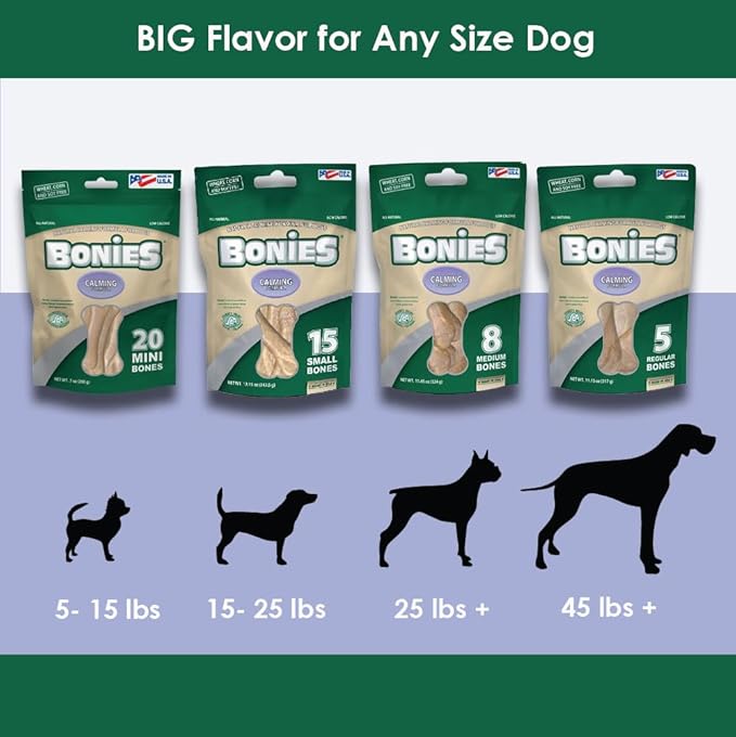 BONIES Natural Calming Multi-Pack SMALL for Dogs 5-25 LBS - Natural Dog Treat - Low Calories - Chicken Flavor - 15 Bones