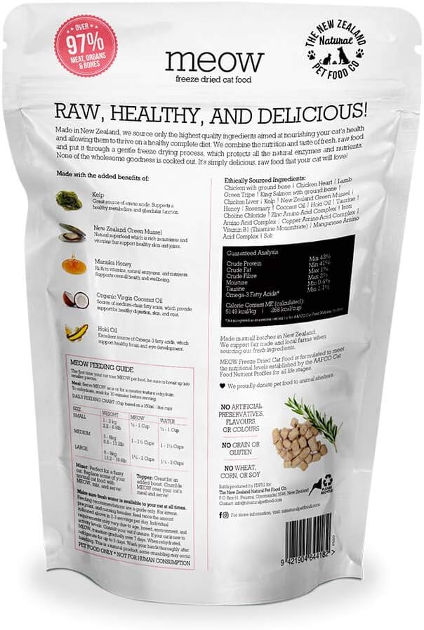 Meow Chicken & King Salmon Freeze Dried Raw Cat Food, Mixer, or Topper, or Treat - High Protein, Natural, Limited Ingredient Recipe 9.9 oz