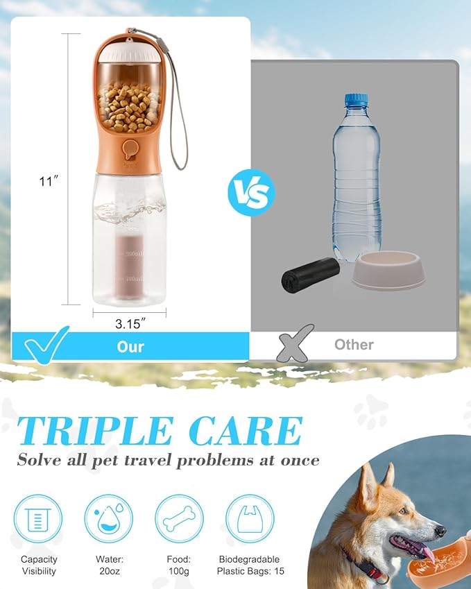 Dog Water Bottle 3 in 1, Leak Proof Portable Pet Water Bottle with Food Container & Poop Bag Dispenser, Water Dispenser for Dog, Puppy for Walking, Hiking, Camping, Travel (20oz Orange Pink)