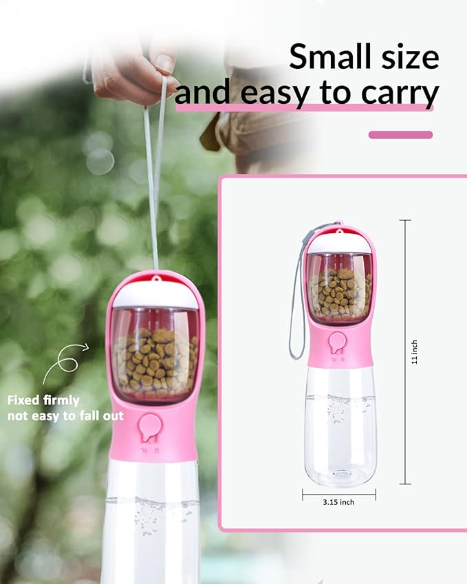Dog Water Bottle, 2 in 1, Leak Proof Portable Pet Water Bottle with Food Container, Outdoor Portable Water Dispenser for Dog, Puppy Supply for Walking, Hiking, Camping, Travel (19oz Pink)