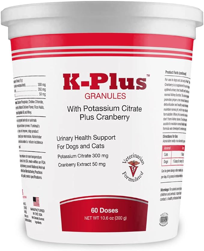 K-Plus Potassium Citrate Plus Cranberry Granules for Dogs and Cats - Veterinarian Approved UTI Remedy Granules - Supports Bladder Health - 60 Doses