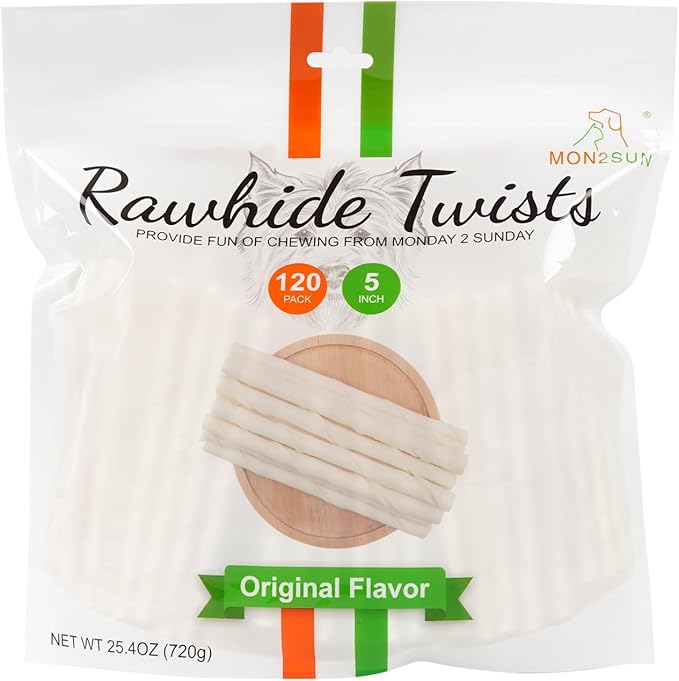 MON2SUN Dog Rawhide Twist Sticks Natural 5 Inch Thin Sticks Rawhide Chews Dog Treats for Puppy and Small Dogs 120 Count