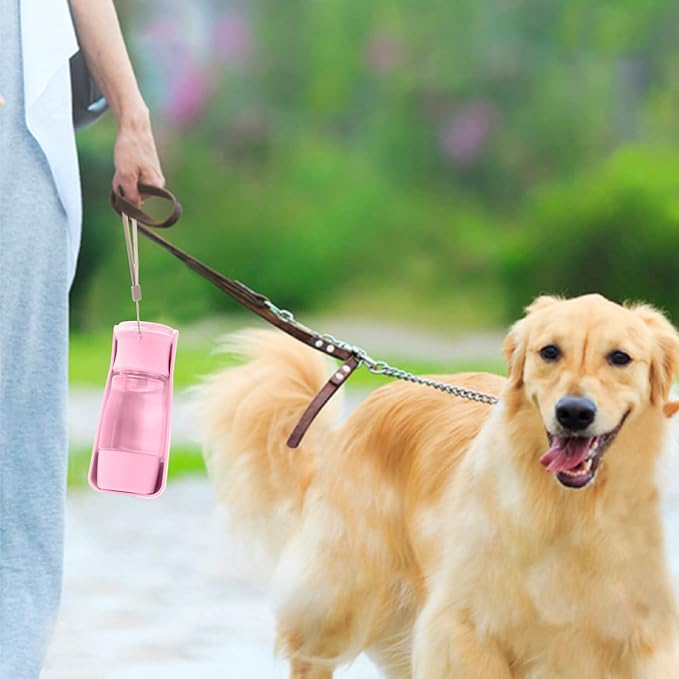 Dog Water Bottle with Food Container - Foldable Portable Puppy Travel Water Dispenser, Leak Proof Dog Water Bowl Summer Accessories for Pet Outdoor Walking Hiking (Pink)