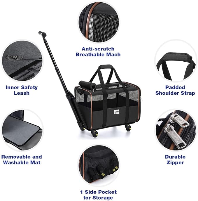 Lekesky Dog Carrier with Wheels Airline Approved for Underseat Pet Carrier on Wheels Rolling Cat Carrier for Small Dogs and Cats, Black