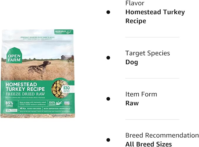 Open Farm Freeze Dried Raw Dog Food, Humanely Raised Meat Recipe with Non-GMO Superfoods and No Artificial Flavors or Preservatives (13.5 Ounce (Pack of 1), Homestead Turkey Recipe)