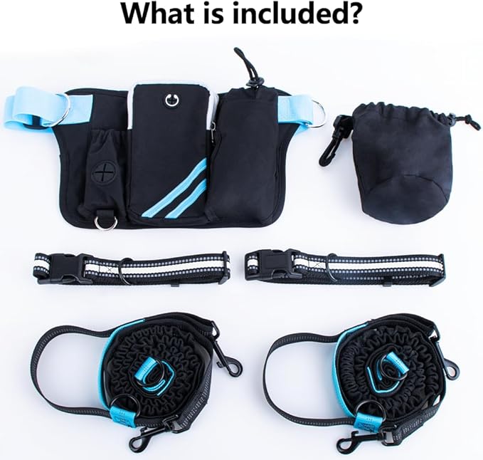 Hands Free Dog Leash for 2 Dogs with Dual Bungees, Reflective Stitches & Retractable Waist Leash for Dog Walking, Adjustable Dog Running Waist Belt with Pouch for Running, Walking, Hiking & Jogging