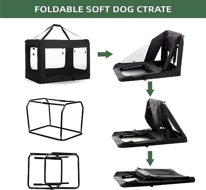27 inch 3-Door Collapsible Dog Crate for Medium Dogs, Portable Dog Travel Crate for Indoor & Outdoor, Soft Side Pet Foldable Kennel Cage with Durable Mesh Windows & Strong Steel Frame