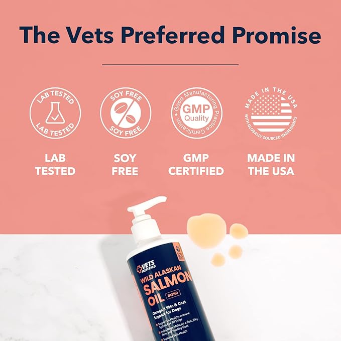 Vets Preferred Wild Alaskan Salmon Oil for Dogs – Skin and Coat - Premium Omega 3 Fish Oil for Healthy Dog Coat – Immune Support and Heart Health – All Natural – Rich in EPA and DHA