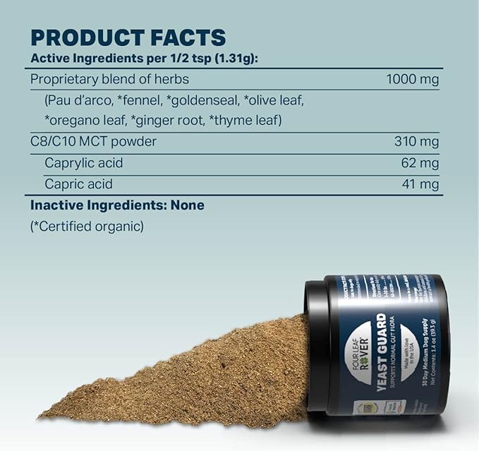 Yeast Guard - Dog Gut Health Probiotics Support Powder - Organic Herbs for Flora and Immune Support - 7 to 60 Day Supply, Depending on Dog’s Weight - Vet Formulated - for All Breeds
