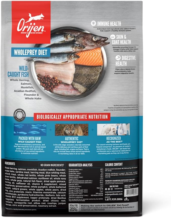 ORIJEN Six Fish Dry Dog Food, Grain Free and Chicken Free Dog Food, Fresh or Raw Ingredients, 13lb