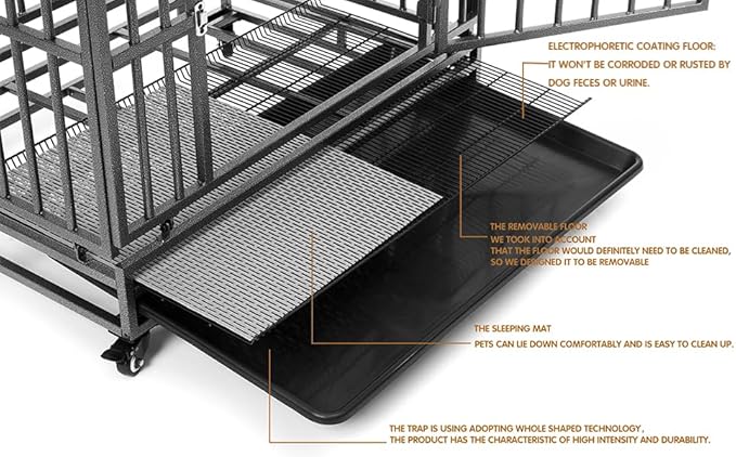 38/42/46 inch Heavy Duty Extra Large Indestructible Dog Crate Kennel Indoor with Separation Anxiety Lockable Wheels and Removable Tray