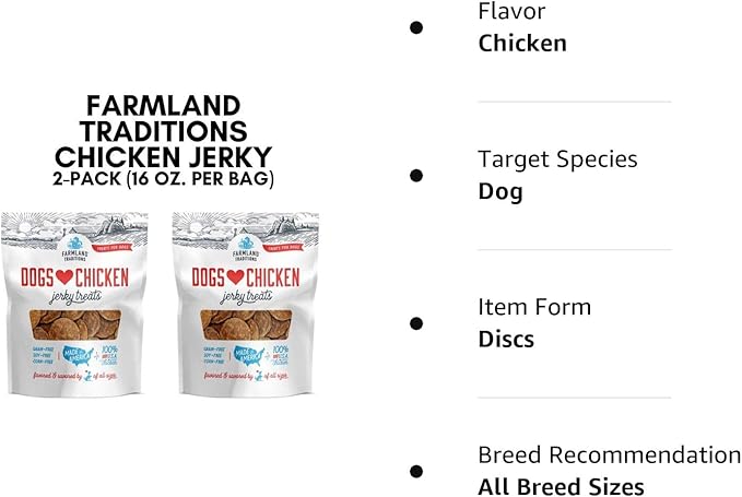 Farmland Traditions Filler Free Dogs Love Chicken Premium Jerky Treats for Dogs, 2 lbs. Total (2 Pack-1 lb. Each)