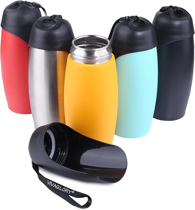 VIVAGLORY Dog Water Bottle, Pet Drinking Bottle, 25oz Portable & Leakproof Stainless Steel Dog Travel Water Bottle Bowl with Large Trough for Walking & Hiking, Orange Yellow