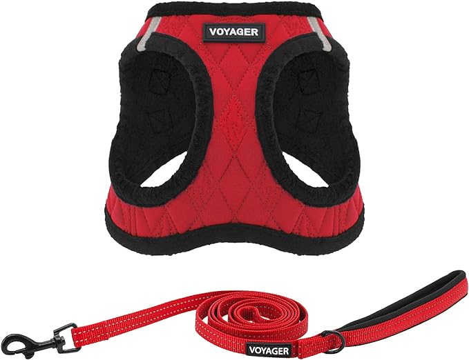 Voyager Step-in Plush Dog Harness – Soft Plush, Step in Vest Harness and Reflective Dog 5 ft Leash Combo with Neoprene Handle for Small and Medium Dogs by Best Pet Supplies -Set (Red Plush), XS