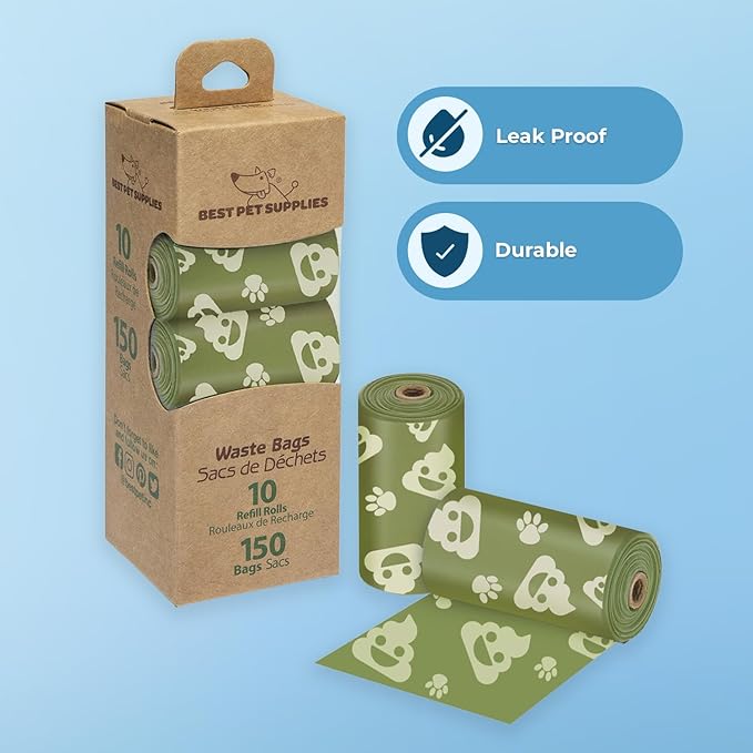 Best Pet Supplies Dog Poop Bags (150 Bags) for Waste Refuse Cleanup, Doggy Roll Replacements for Outdoor Puppy Walking and Travel, Leak Proof and Tear Resistant, Thick Plastic - Green with Poop Emoji
