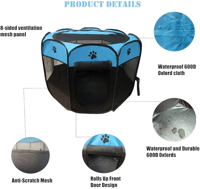 Portable Pet Playpen for Small Cat Dog Puppy Rabbit,Cat Kitten Playpen Indoor Outdoor with Carrying Case,Waterproof Bottom and Removable Zipper Top (M(35.4" x35.4" x23.6"), Blue)