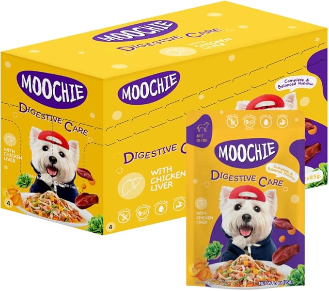 MOOCHIE Grain Free Wet Dog Food for Small Dogs - Digestive Care - Made with Real Chicken, Beef and Vegetables - No Added Preservatives or Artificial Flavoring - 12 x 3 oz Pouch