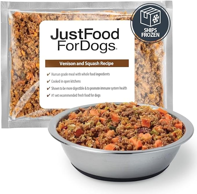 JustFoodForDogs Frozen Fresh Dog Food, Complete Meal or Dog Food Topper, Venison & Squash Human Grade Dog Food Recipe, 18 oz (Pack of 7)