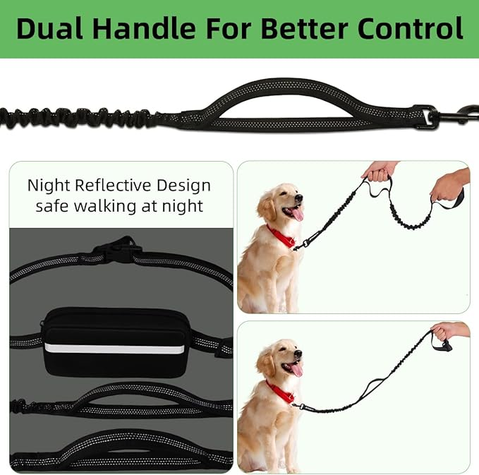 Philorn Hands Free Dog Leash with Pouch, Adjustable Waist Leash for Dog Walking, Running Leash for Medium Large dogs, Waist Dog Leash with Dual Handles and Durable Bungee for Jogging Hiking (Black)