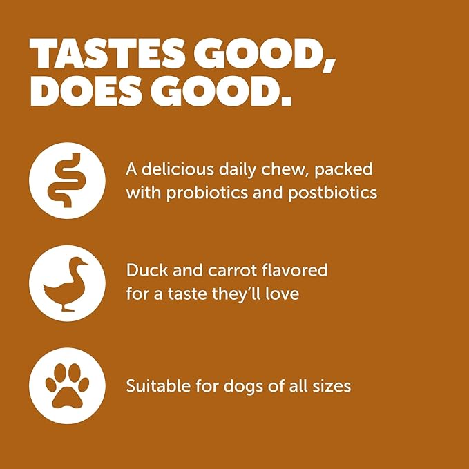 Daily Care Gut+ Wellness, 60 probiotic and postbiotic Dog Supplement Chews – Duck and Carrot Flavored