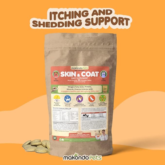 Skin and Coat Supplement with Fish Oil for Dogs & Cats. Dog Itch Relief with Vitamins & Omega 3 for Dry Flaky Skin. Dog Shedding Supplement to Regrow a Shiny Soft Coat. Dog Allergy Treatment (90 Tabs)