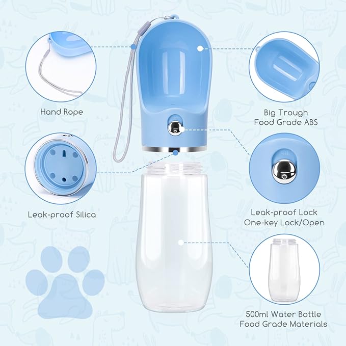 Nobleza Dog Water Bottle, Leak Proof Portable Pet Water Bottle Dispenser Puppy Water Bottle for Outdoor Walking, Hiking, Travel, Food Grade Plastic (17oz, Blue)