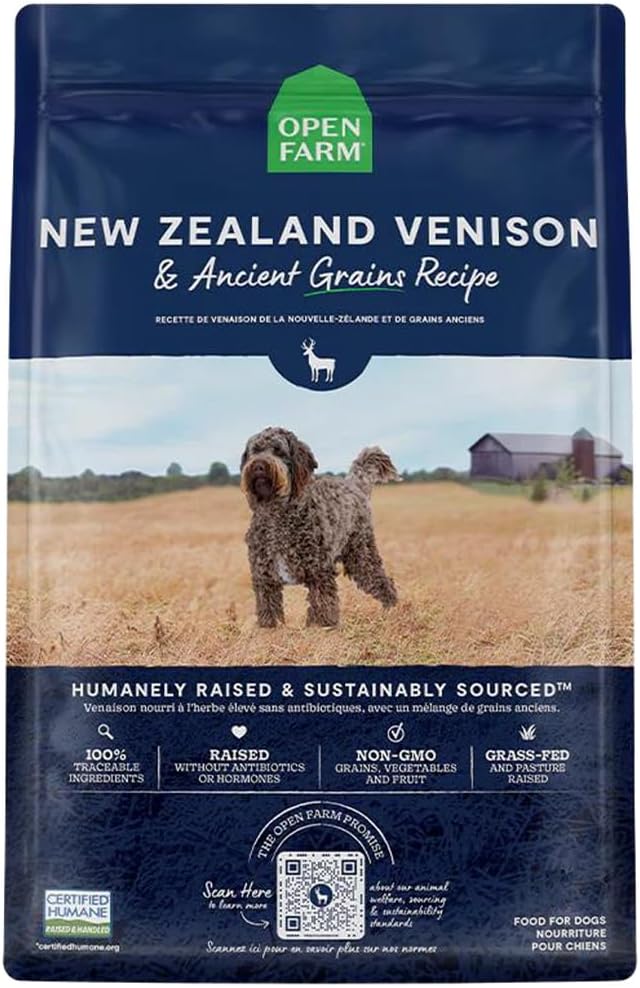Open Farm Ancient Grains Dry Dog Food, Humanely Raised Meat Recipe with Wholesome Grains and No Artificial Flavors or Preservatives (New Zealand Venison Ancient Grain, 22 Pound (Pack of 1))