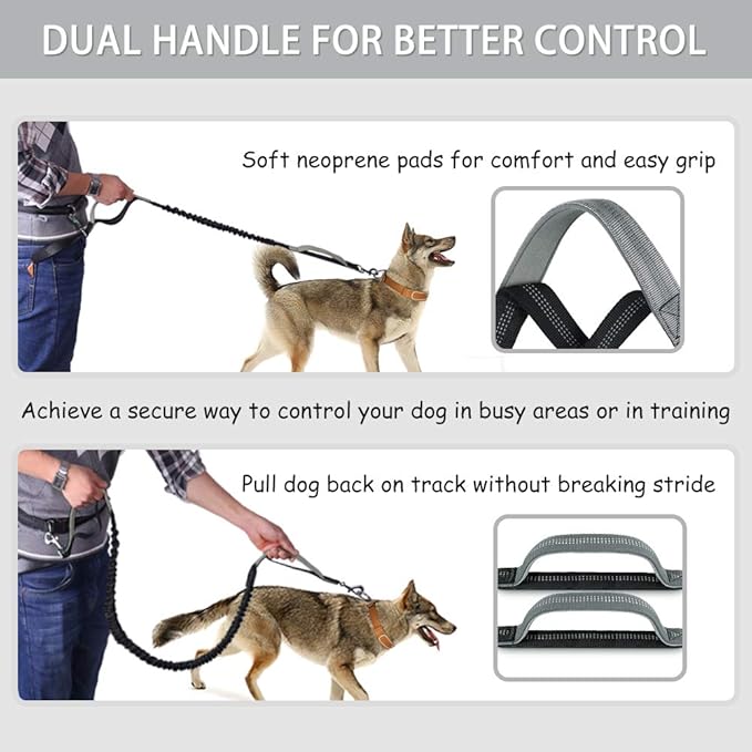 Hands Free Dog Leash, Waist Dog Running Leash for Medium to Large Dogs, Retractable Bungee Hands Free Leash for Walking Jogging Training Hiking, Adjustable Waist Belt, Dual Handle