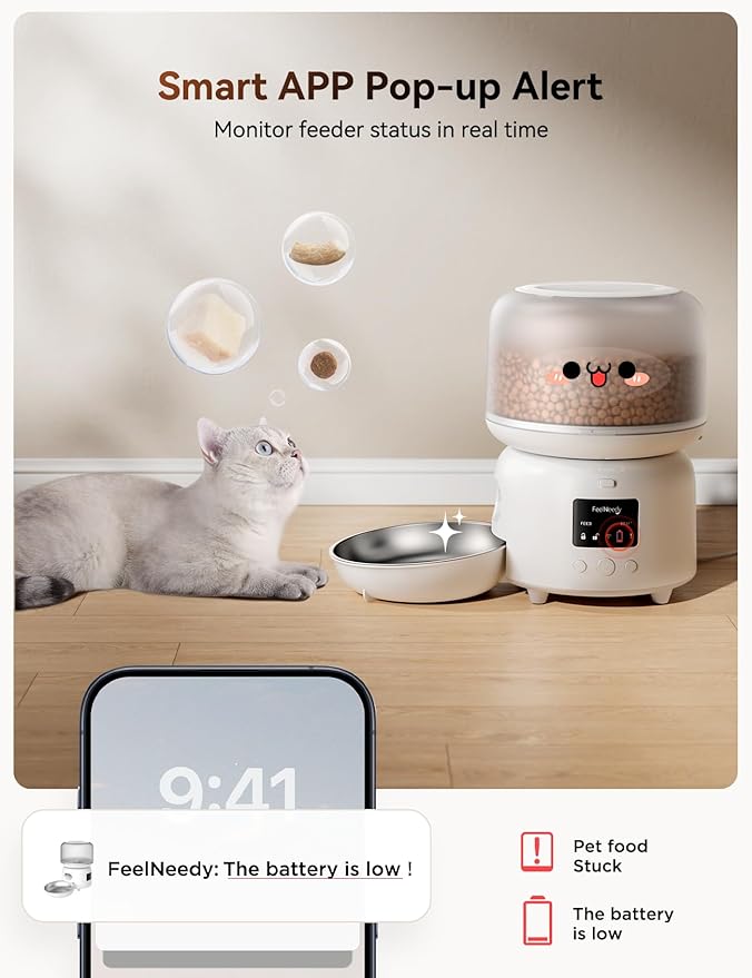 Automatic Pet Feeder, FEELNEEDY 3L WiFi Food Dispenser for Cats and Dogs with 304 Stainless Steel Feeding Bowl, Up to 36 Portions 10 Meals Per Day, App Control/2.4G WiFi Spport