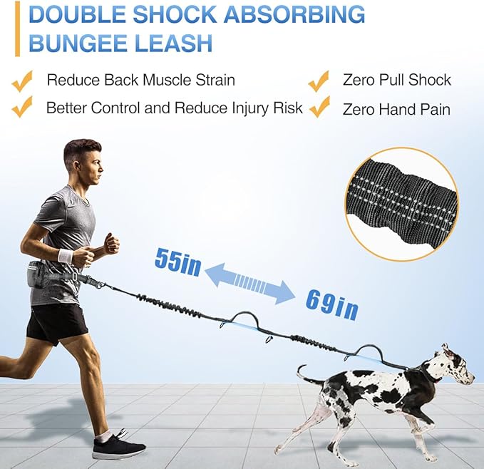 Kytely Hands Free Dog Leash with Zipper Pouch, Wide Padded Waist Dog Running Leash, Dual Padded Handles, Retractable Bungee for Walking Jogging Training Hiking