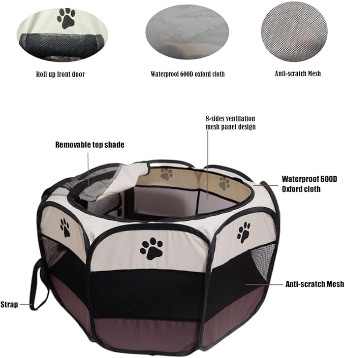 Portable Pet Playpen,Foldable Dog Playpen for Dogs and Cats,Rabbits,Pet Exercise Pet Tents Indoor Outdoor Use (S(28.7" x 28.7" x 16"), Brown)
