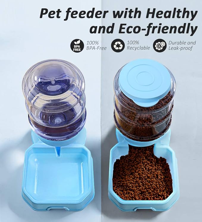Pet Feeder and Water Food Dispenser Automatic for Dogs Cats, 100% BPA-Free, Gravity Refill, Easily Clean, Self Feeding for Small Large Pets Puppy Kitten Rabbit Bunny (E-Blue)