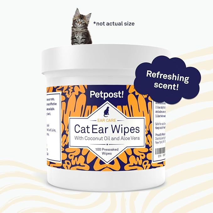 Petpost | Cat Ear Cleaner Wipes - Ultra Soft Cotton Pads in Coconut Oil Solution - Treatment for Removing Cat Ear Dirt & Wax 100 ct.