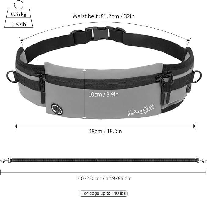 Hands Free Dog Leash,Hands Free Dog Running Leash with Removable Zipper Pouch,Waist Dog Leash Belt Fanny Pack Bag for Walking,Hiking,Biking,Jogging,Training (B Gray)
