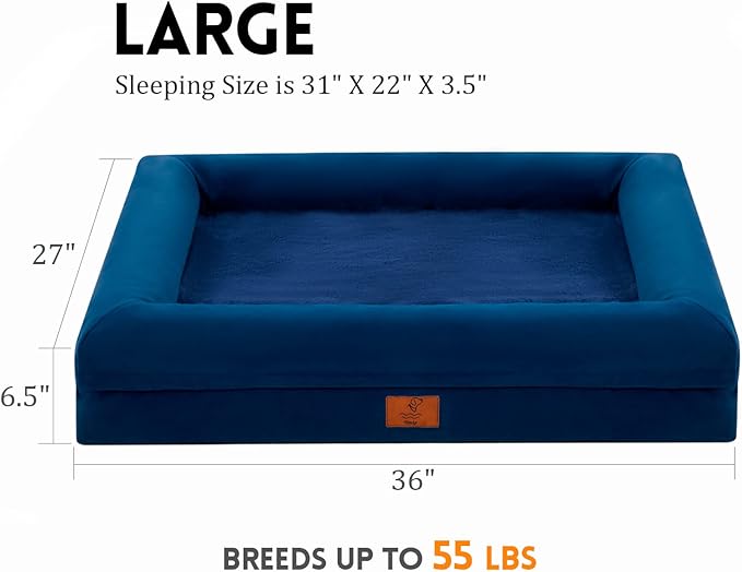 Large Dog Bed, Orthopedic Dog Bed, Waterproof Dog Bed with Removable Cover, 4-Sides Removable Bolster Dog Soft Sofa Bed with Nonskid Bottom, Washable Dog Beds for Large Dogs, Rich Blue
