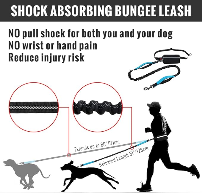 Plutus Pet Hands Free Dog Leash, Soft Padded Dual Handle Retractable Bungee Leash with Reflective Stitches, Adjustable Wasit Leash for Dog Walking Running Jogging, for Medium Large Dogs