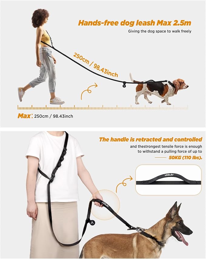 Hands Free Dog Leash,8.2ft Crossbody Dog Leash with Hanging Strap/Hanging Buckle/Poop Bag Holder/Explosion-Proof Handle,Adjustable Crossbody Rope for Dogs Walking,Jogging and Running,18-110lbs,Black