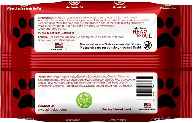 PawsFurUs® All-Natural Pet Wipes for Dogs & Cats - Doctor-Formulated for Total Pet Care with Antifungal & Antibacterial Protection, pH Balancing, Moisturizing, Deodorizing & Fast Itch Relief - 72ct.